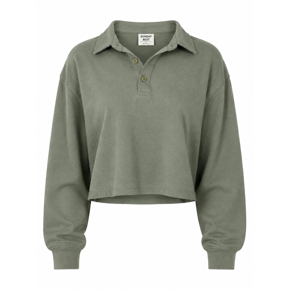 Aritzia Sunday Best Sage Green Cropped Polo Top Long Sleeve Collared Shirt S